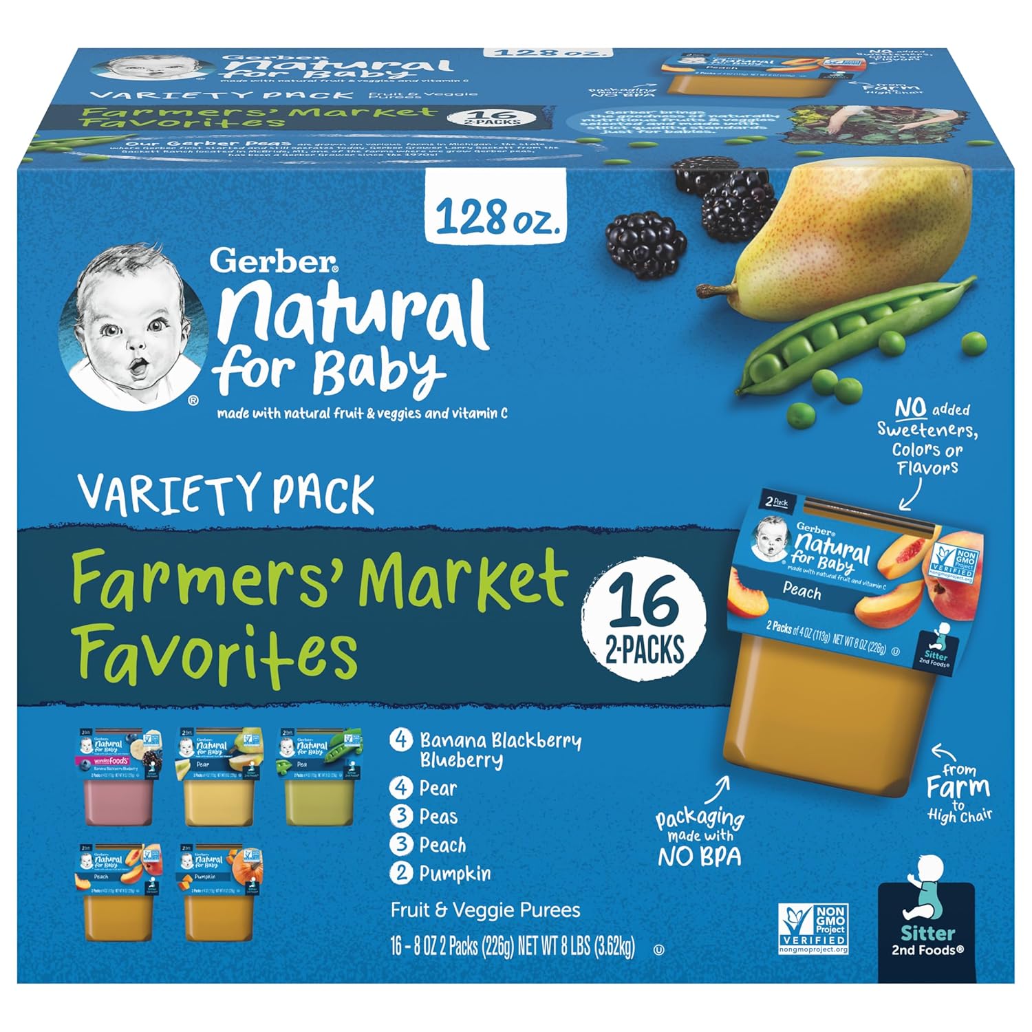 Gerber 2Nd Foods Natural For Baby Farmers' Market Favorites Baby Food, Variety Pack, 4 Oz Tubs (32 Pack)