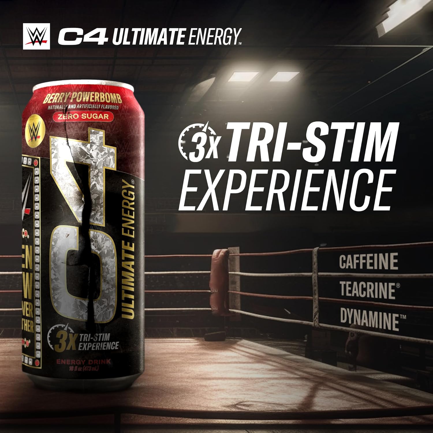 C4 Ultimate x WWE | Pre Workout Sugar Free Energy Drink | Tri-Stim Experience with 300mg Caffeine + TeaCrine + Dynamine | Berry Powerbomb | 16oz (Pack of 12)