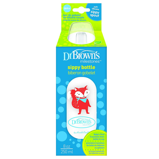 Dr. Brown'S Milestones Narrow Sippy Bottle, 100% Silicone Soft Sippy Spout, 8Oz/250Ml, Fox, 6M+