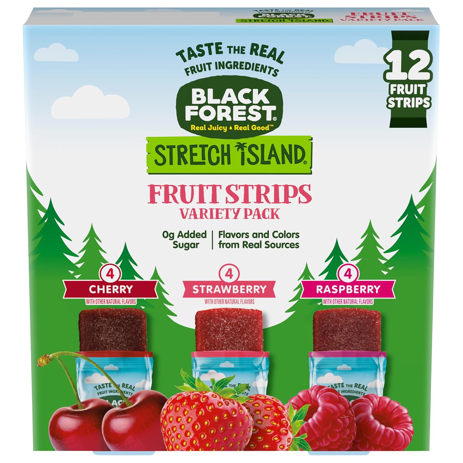 Black Forest, Stretch Island, Fruit Strips, Cherry, Apple, Raspberry, Grape, Strawberry, And Apricot, Zero Grams Added Sugar Non-Gmo, School Snacks, 12 Ct