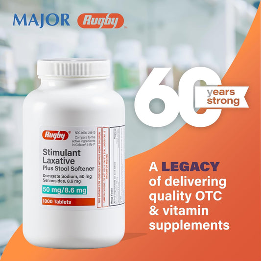 Rugby Stimulant Laxative Plus Stool Softener - Docusate Sodium, 50 Mg - Sennosides, 8.6 Mg - 1000 Tablets
