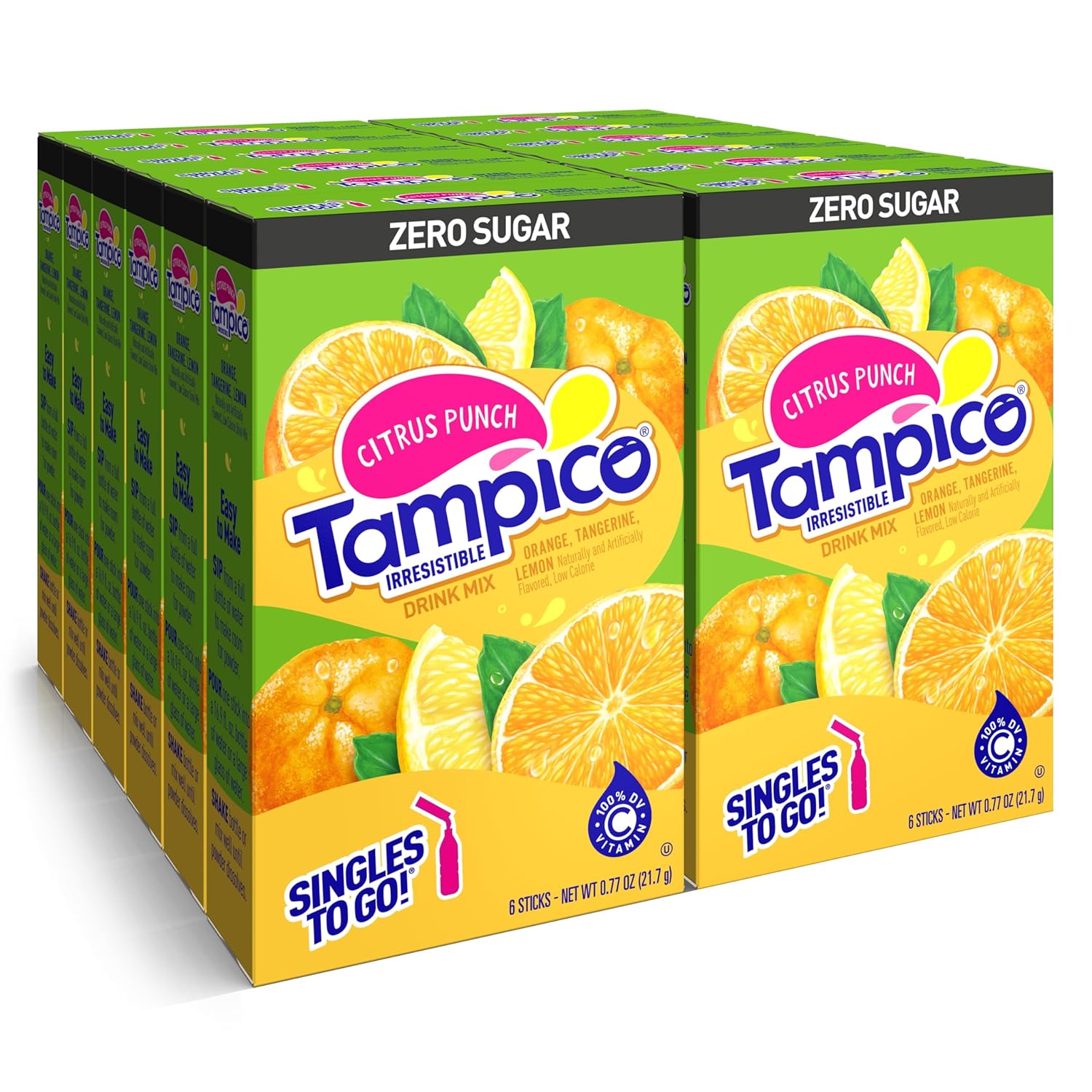 Tampico Singles To Go Drink Mix Packets,Citrus Punch, Zero Sugar, Low Calorie, 100% Dv Of Vitamin C Per Serving, Convenient, On-The-Go Water Enhancers, 6 Count (Pack - 12)