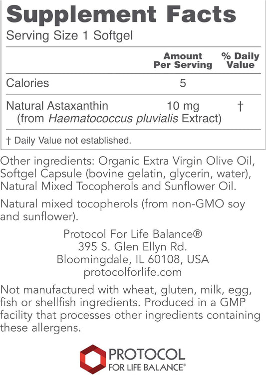 Protocol Astaxanthin 10mg Softgels - Supports Cellular Health* - Carotenoid Astaxanthin Supplements - Non-GMO & Dairy Free - 60 Softgels