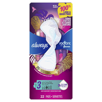 Always Radiant Pads, Size 3, Extra Heavy Flow Absorbency, Scented, 22 Count (Pack of 2)