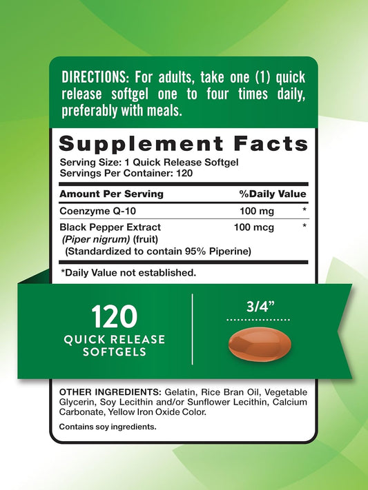 Nature'S Truth Coq10 100Mg | 120 Softgels | High Absorption | Non-Gmo & Gluten Free Coenzyme Supplement | With Black Pepper Extract