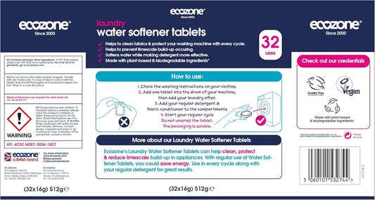 Ecozone Laundry Water Softener Tablets, De-Scaler Prevents Limescale & Makes Cleaning Detergent More Effective, Protects & Maintains Washing Machine Appliance, With Salt, Vegan-Friendly (32 Tablets)