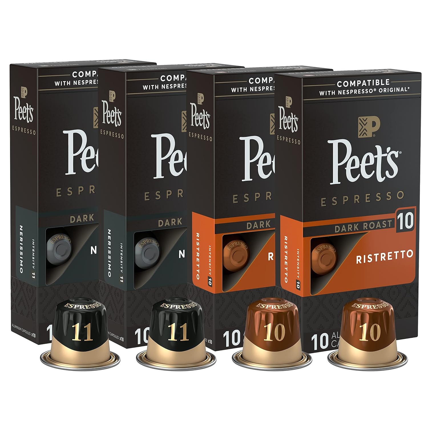 Peet's Coffee, Dark Roast Espresso Capsules Variety Pack, Intensity 10-11, 40 Count (4 Boxes of 10 Espresso Pods)