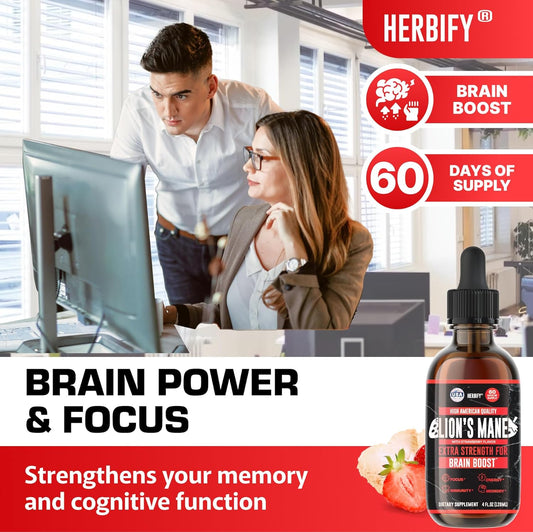 Herbify Lions Mane Supplement - Daily Mushroom Supplement For Memory, Focus & Clarity - Brain Booster - Lions Mane Tincture For Immune Support - 4 Fl Oz Grape Flavor