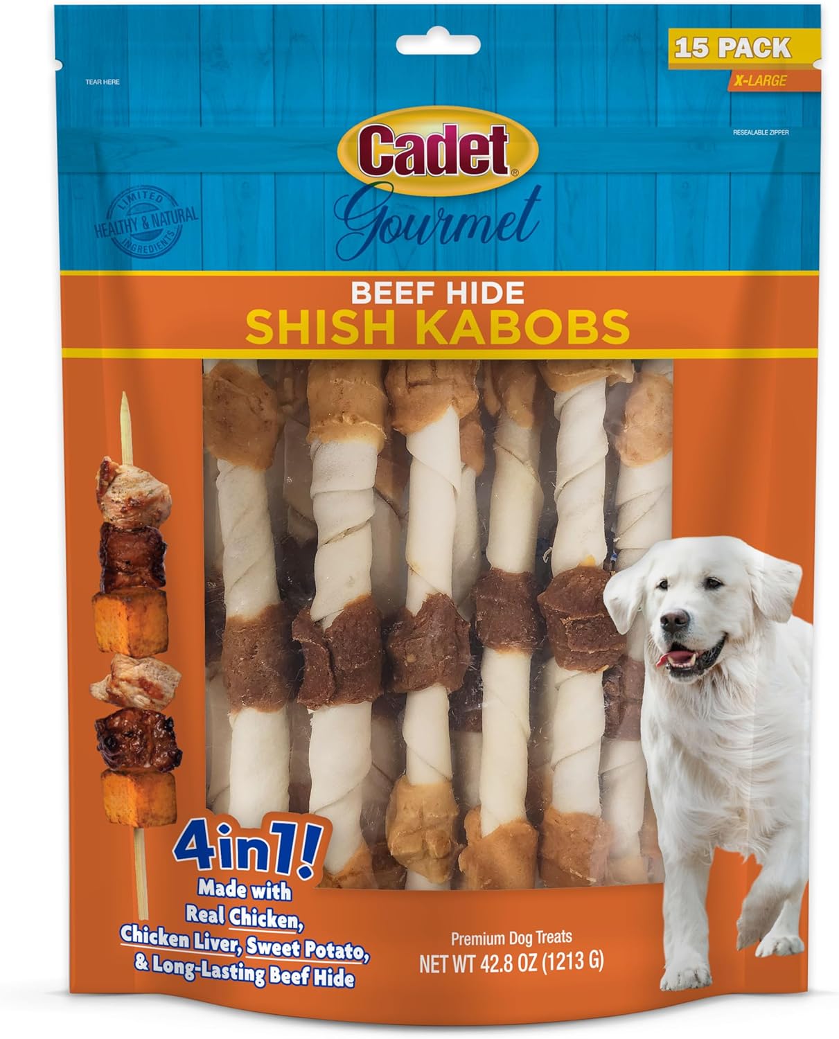 Cadet Gourmet X-Large Triple-Flavored Beef Hide Shish Kabob Dog Treats - Healthy & Natural Chicken, Liver, and Sweet Potato Dog Treats for Dogs Over 30 Lbs., 10 in. (15 Count)