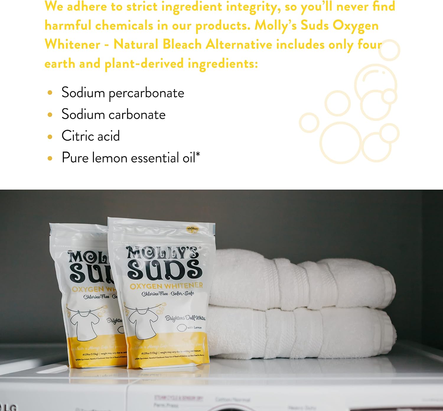 Molly's Suds Oxygen Whitener | Powerful Bleach Alternative, Chlorine Free & Color Safe | Brightens Whites and Removes Stains (Pure Lemon Essential Oil - 79 oz) : Health & Household