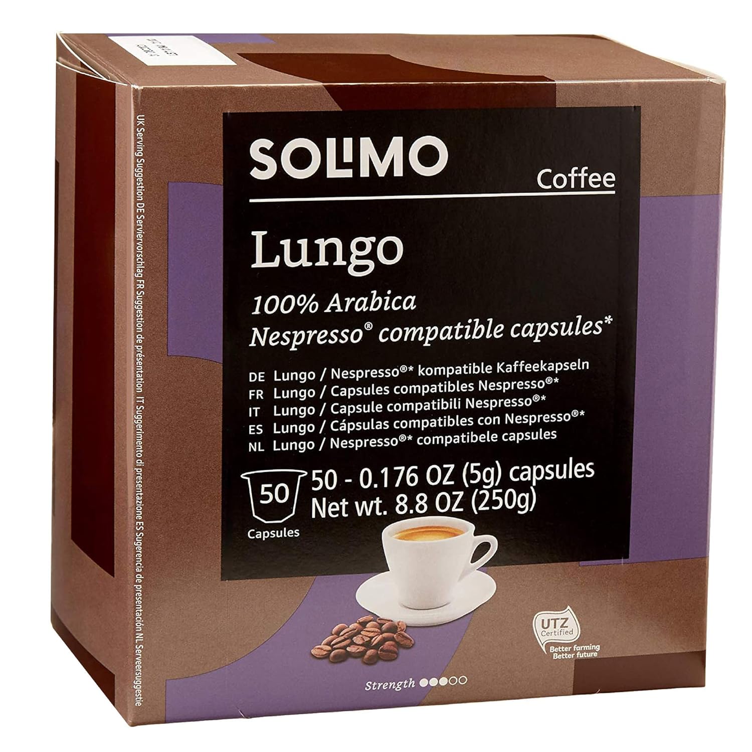 Amazon Brand - Solimo Lungo Capsules, Compatible With Nespresso Original Brewers, Medium Roast, 50 Count (Pack Of 1)