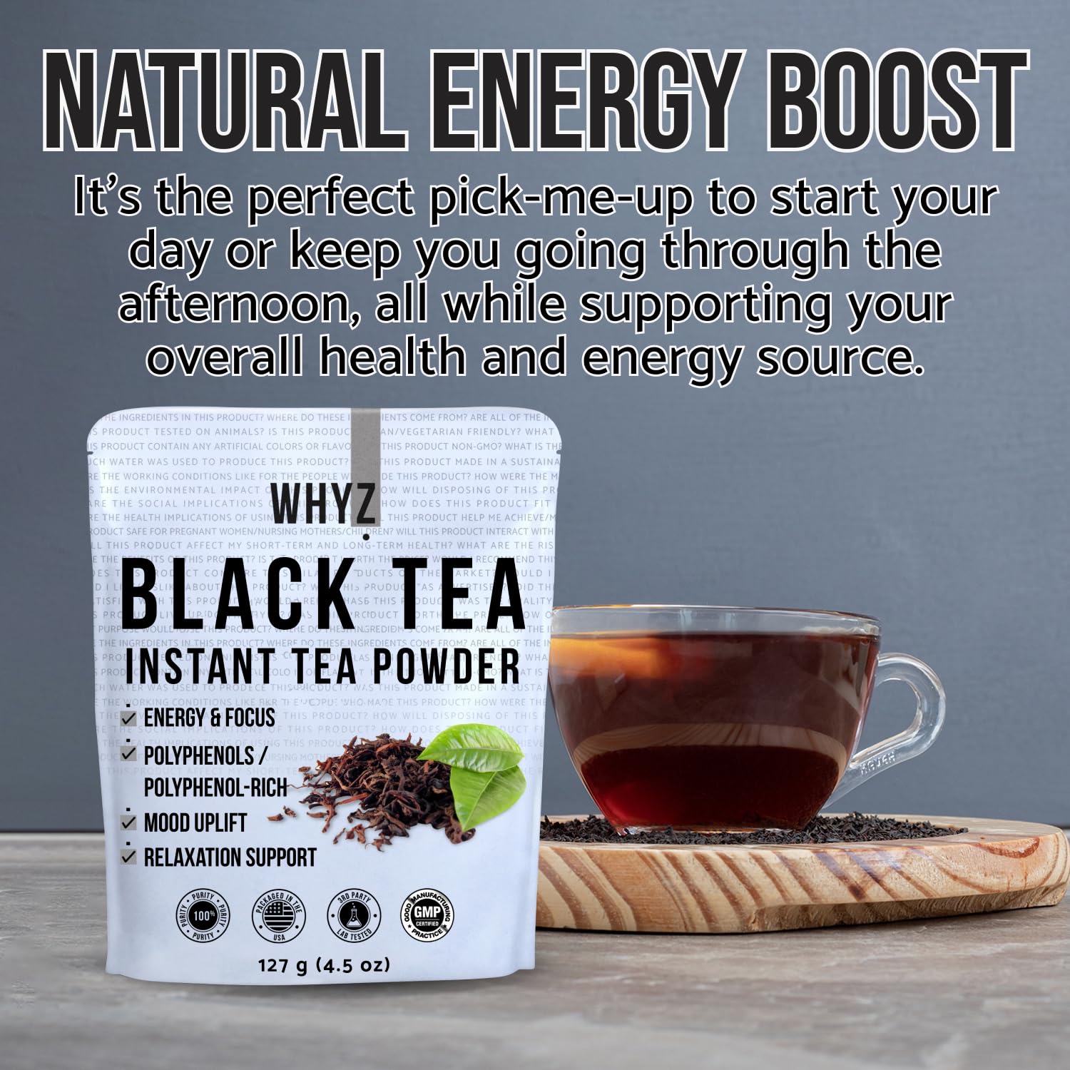 Whyz Instant Black Tea Powder, 4.5 Oz, Unsweetened Iced Tea Concentrate From Real Black Tea Leaves, Instant Tea Powder For Hot & Cold Drinks, Powdered Tea & Unsweet Tea For Energy & Added Health Boost