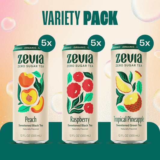 Zevia Organic Sugar Free Iced Tea, Fruity Tea Variety Pack, 12 Ounce Cans (Pack Of 15)