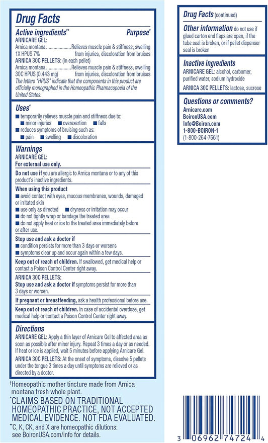 Boiron Arnicare Gel And Arnica 30C Value Pack For Pain Relief, Muscle Soreness, And Swelling From Bruising Or Injury - 2.6 Oz + 80 Pellet Tube