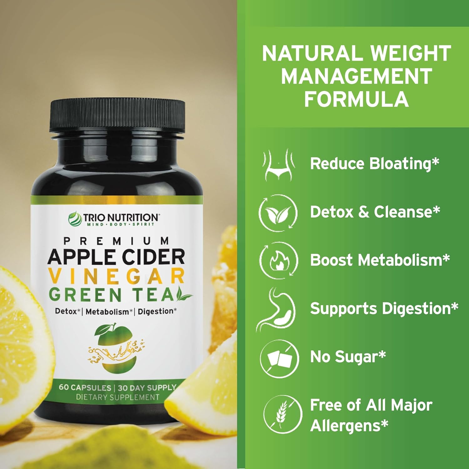 Buy Trio Nutrition Apple Cider Vinegar Capsules With Green Tea - Natural Sugar Free Apple Cider Vinegar Pills With The Mother For Body Cleanse, Immune, Weight Management & Metabolism Support* On  Free Shipping On Qualified Orders