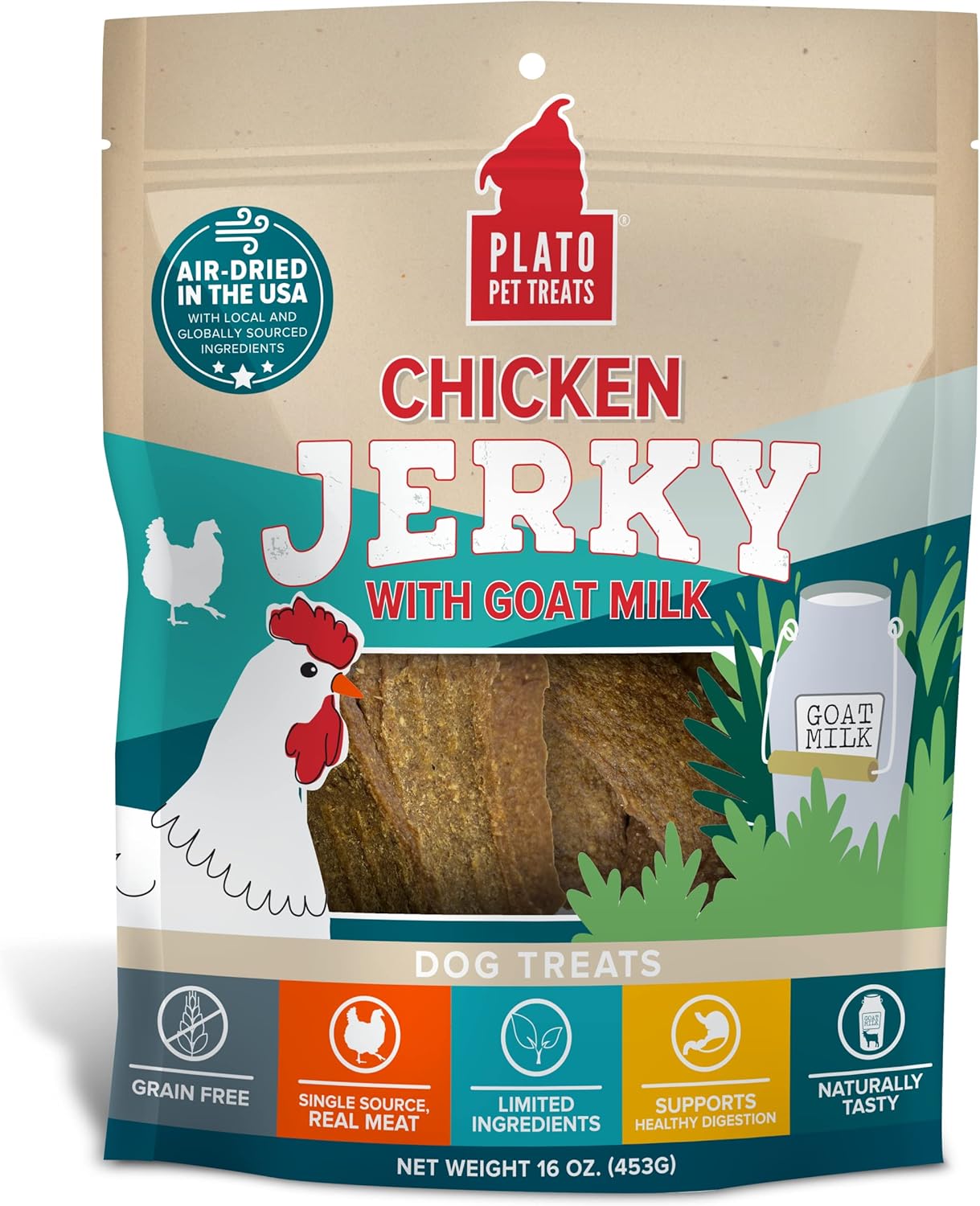 Plato Pet Treats Air Dried, Real Meat, Chicken Jerky With Goat'S Milk Dog Treats, 16Oz, Made In The Usa, Grain Free