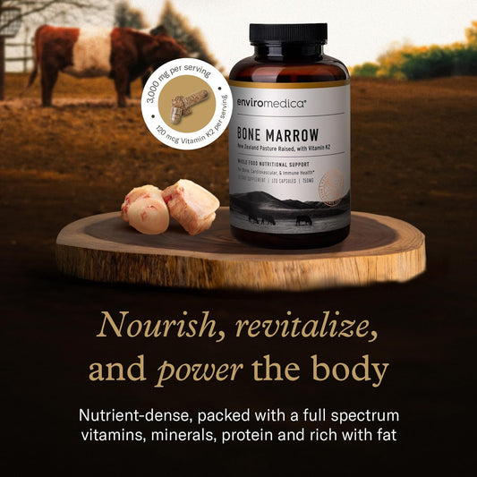 Enviromedica Bone Marrow Supplement – Grass-Fed New Zealand Beef Bone Marrow, Mcha, Bovine Cartilage, Collagen, Freeze-Dried, Vitamin K2 Mk7, 120 Capsules