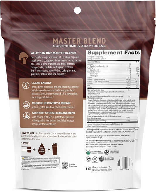 Om Mushroom Superfood Master Blend Plant-Based Protein Powder, 19.26 Ounce, 14 Servings, Creamy Chocolate Protein With 10 Mushroom Complex, Lions Mane, Adaptogens For Optimal Health And Recovery