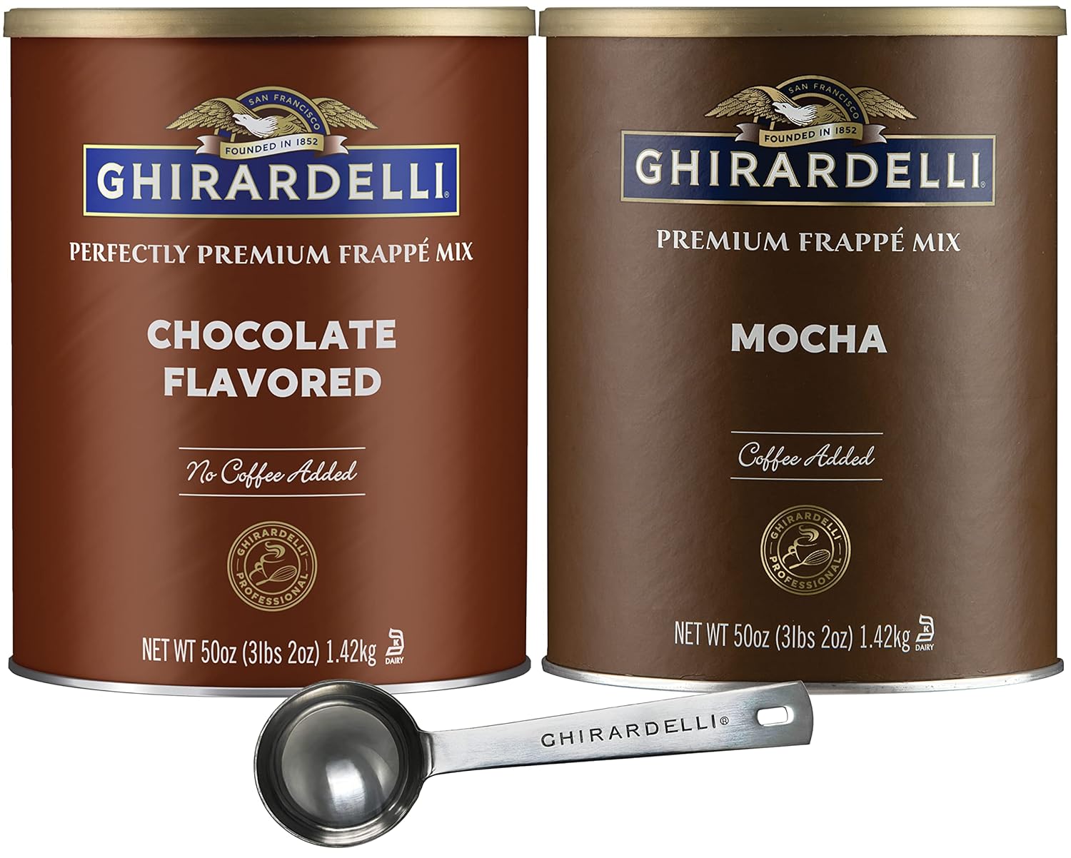 Ghirardelli Premium Frappe Mix Variety, Mocha Flavored (Coffee Added) and Chocolate Flavored (No Coffee Added) with Ghirardelli Stamped Barista Spoon