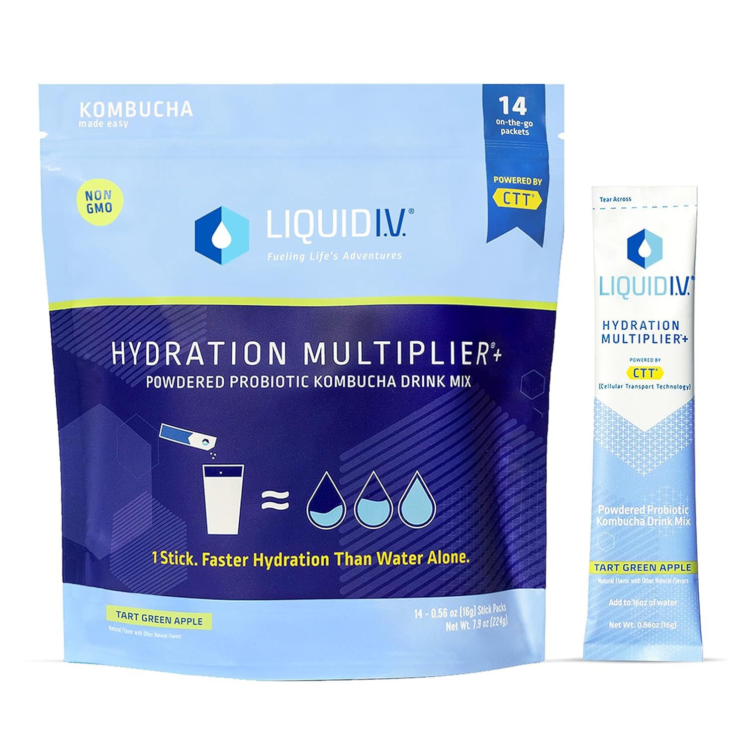 Liquid I.V. Hydration Multiplier + Probiotic Kombucha - Tart Green Apple - Hydration Powder Packets | Electrolyte Drink Mix | Easy Open Single-Serving Stick | Non-GMO | 14 Sticks