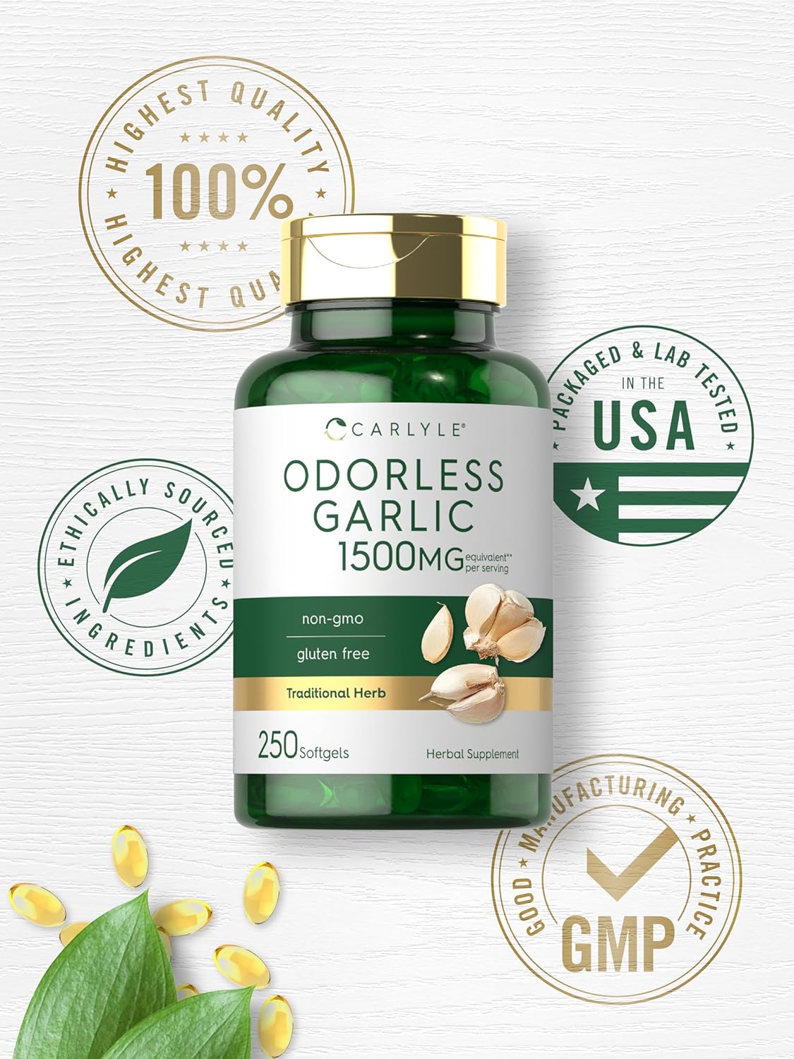 Carlyle Odorless Garlic Softgels 1500mg | 250 Count | Non-GMO, Gluten Free Extract Supplement : Health & Household