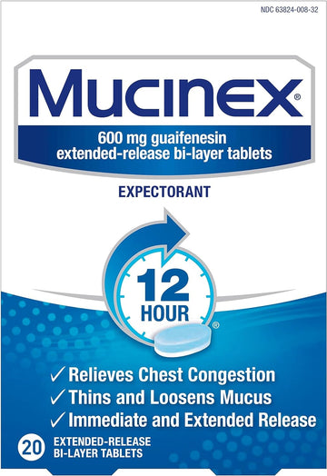 Mucinex Chest Congestion, Expectorant 12 Hour Extended Release Tablets, 20ct, 600mg Guaifenesin with Extended Relief of Chest Congestion Caused by Excess Mucus. Thins and Loosens Mucus