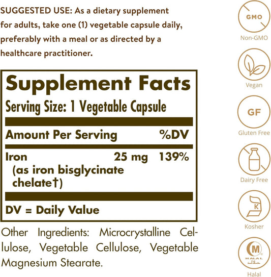 Solgar Gentle Iron 25Mg, 90 Vegetable Capsules - Energy, Normal Red Blood Cell Production - Gentle On The Stomach - Non-Gmo, Vegan, Gluten Free, Dairy Free, Kosher, Halal - 90 Servings