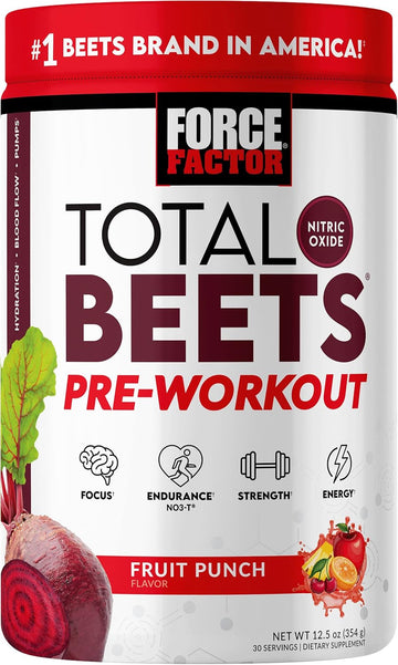 Force Factor Total Beets Pre-Workout Powder To Boost Energy & Endurance, Increase Strength, And Improve Blood Flow And Pumps, Nitric Oxide Supplement With Beet Root Powder, Fruit Punch, 30 Servings