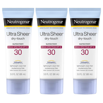 Neutrogena Ultra Sheer Dry-Touch Sunscreen Lotion, Broad Spectrum SPF 30 UVA/UVB Protection, Oxybenzone-Free, Water Resistant, Non-Comedogenic, Non-Greasy, Travel Size, 3 Fl Oz, Pack of 3