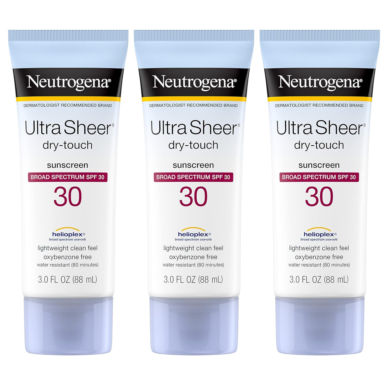 Neutrogena Ultra Sheer Dry-Touch Sunscreen Lotion, Broad Spectrum Spf 30 Uva/Uvb Protection, Oxybenzone-Free, Water Resistant, Non-Comedogenic, Non-Greasy, Travel Size, 3 Fl Oz, Pack Of 3