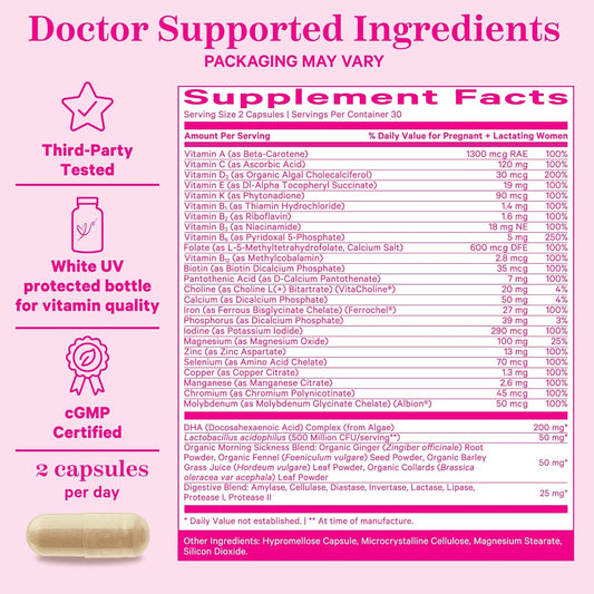 Pink Stork Premium Prenatal Vitamin For Women - 25 Vitamins With Organic Whole-Food Ingredients, & Probiotics - Morning Sickness, Digestion, & Energy - Folate, B6, & Iron - 60 Capsules