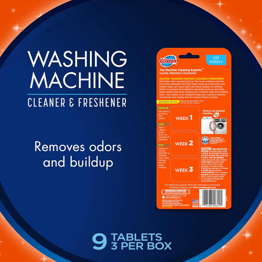 Glisten Washing Machine Cleaner And Freshener Deodorizer, Cleans Top Load And Front Load Washers, Fresh Scent, 9 Tablets