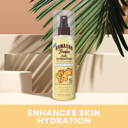 Hawaiian Tropic Weightless Hydration Dry Oil Sunscreen Mist Spf 15, 5Oz | Sunscreen Oil, Dry Oil Sunscreen Spray, Hawaiian Tropic Sunscreen Spf 15, Oxybenzone Free Sunscreen, 5Oz