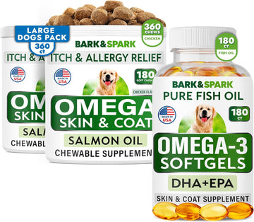 Omega 3 For Dogs Bundle - Anti-Itch Skin + Skin Allergy - Omega 3 Fish Oil + Epa & Dha Fatty Acids - Itching & Paw Licking + Itch Relief - 360 Chews + 180 Softgels - Made In Usa