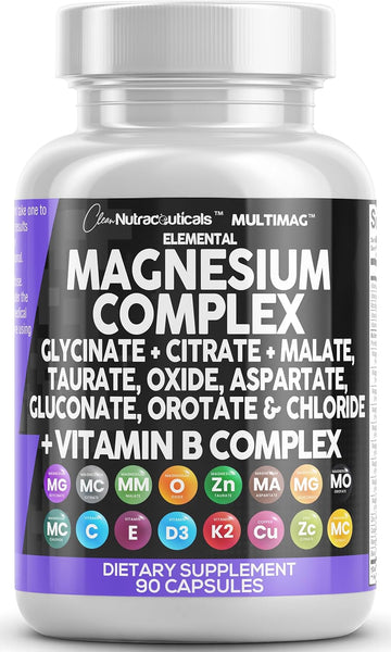 Magnesium Complex 2285Mg With Magnesium Glycinate Citrate Malate Oxide Taurate Aspartate Gluconate Orotate & Mag Chloride, Zinc Copper Manganese & Vitamin C B1 B2 B6 B12 Complex - 90 Count