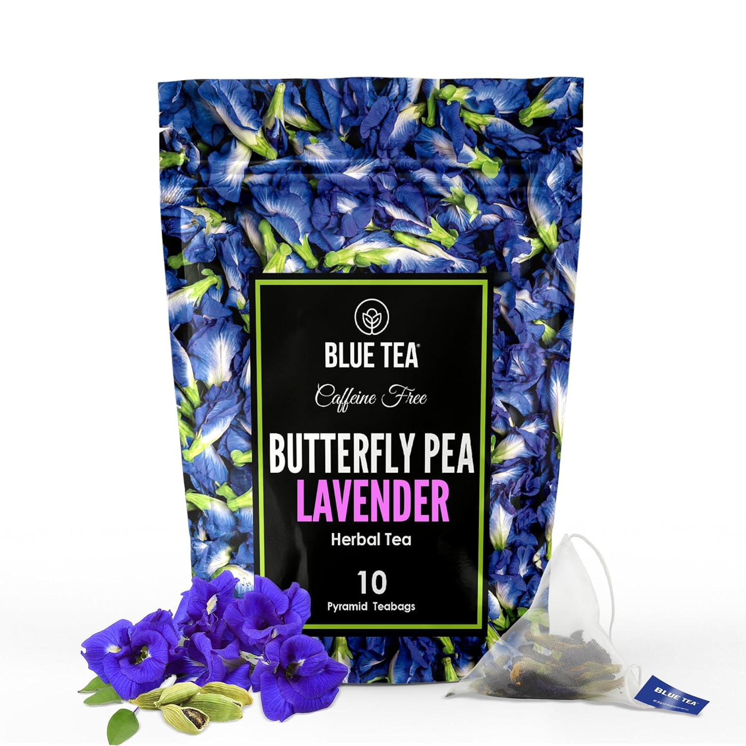 Blue Tea - Butterfly Pea Flower Tea - Lavender - 10 Count - Plant Based Tea Bag | Calming And Relaxing | Caffeine Free - Flower Based - Non-Bitter - Vegan - Gmo-Free | Premium Zipper