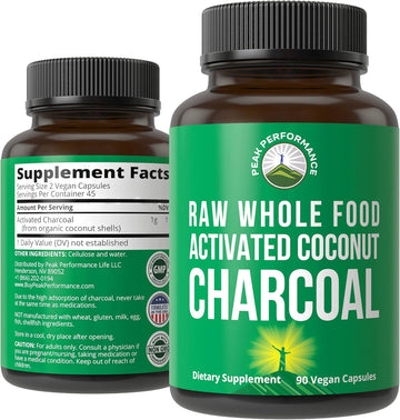Peak Performance Activated Charcoal Vegan Capsules From Wild Harvested Coconut Shells. Best Safe Charcoal Pills Supplement For Detox, Gas Relief, Bloating. For Men And Women 90 All Natural Tablets