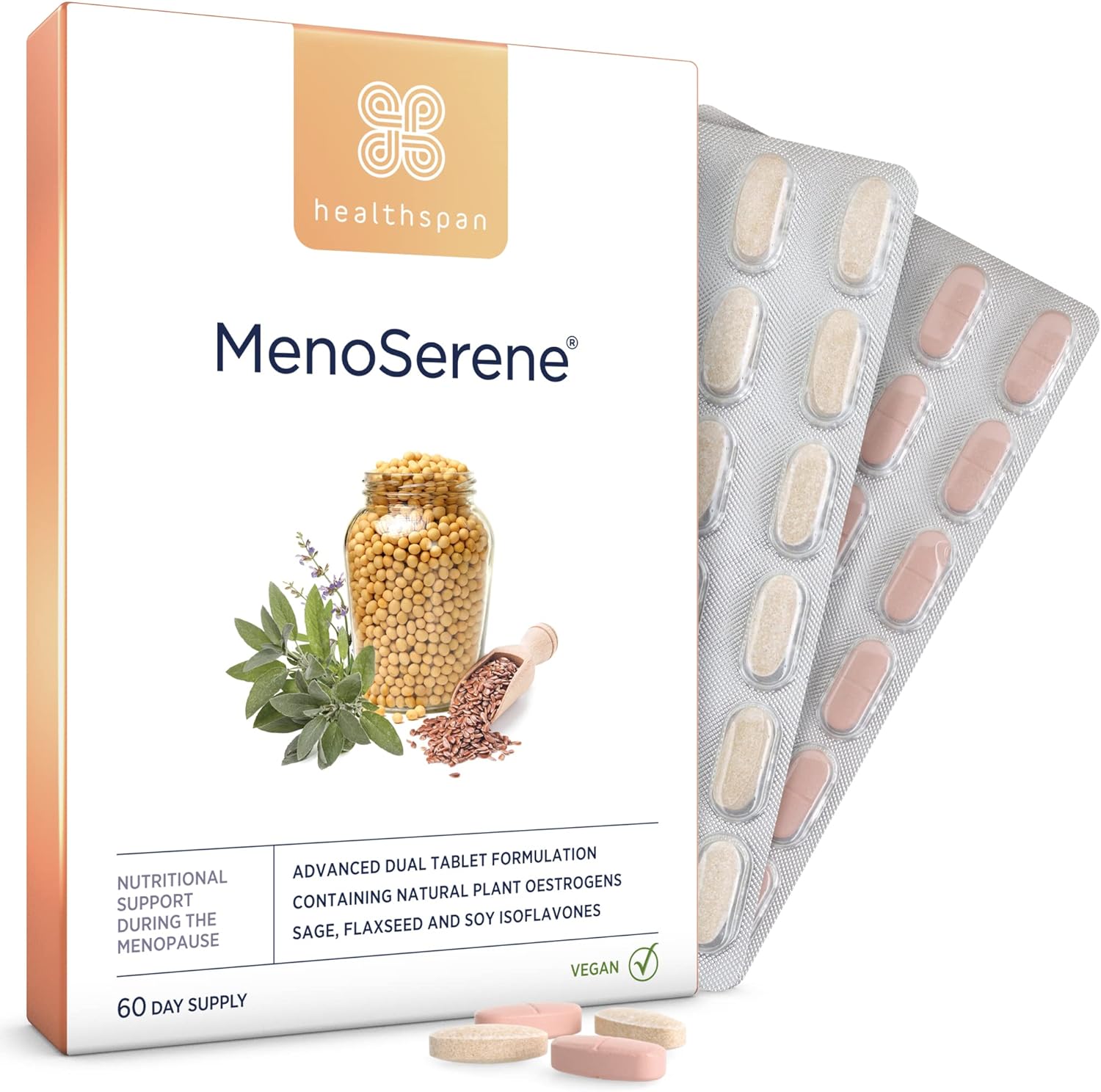 Healthspan MenoSerene | Menopause Support | Women's Health | Vitamin D3 for Normal Bone Health | Vitamin B6 for The Reduction of Tiredness & Fatigue | Vegan (60 Day Supply)