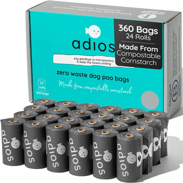Adios Plastic - Compostable Dog Poo Bags, 360 Count (24 Rolls) - Leak-Resistant, Extra Thick, Odour Proof Dog Waste Bags – Made From Highest Rated En13432 Certified Cornstarch - Slate Grey