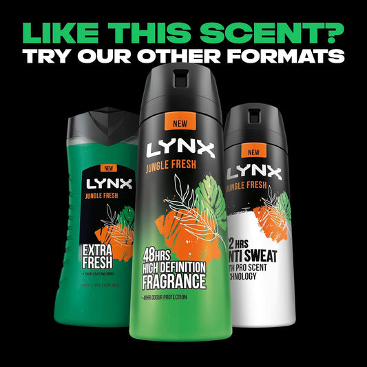Lynx Jungle Fresh 3-In-1 Body Wash Hair, Face And Body Cleanser Shower Gel With A Palm Leaf & Amber Scent For An All Day Fresh & Clean Feel 6X 225 Ml