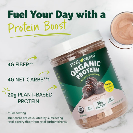 Purely Inspired Plant-Based Protein Powder For Men & Women, Rich Decadent Chocolate (16 Servings) - Vegan & Organic - 20G Of Pea Protein Powder For Smoothies & Shakes - Dairy-Free, & Gluten-Free