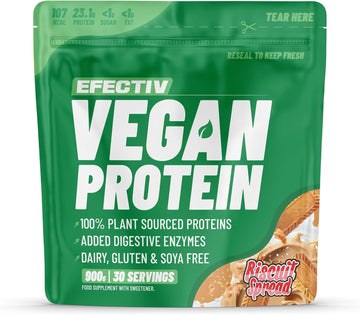 Efectiv Vegan Protein Powder 900G - Biscuit Spread 23G Protein - Dairy, Gluten & Soy Free - Low Sugar Plant Based Protein Powder With Digestive Enzymes & Recyclable Packaging (30 Servings)