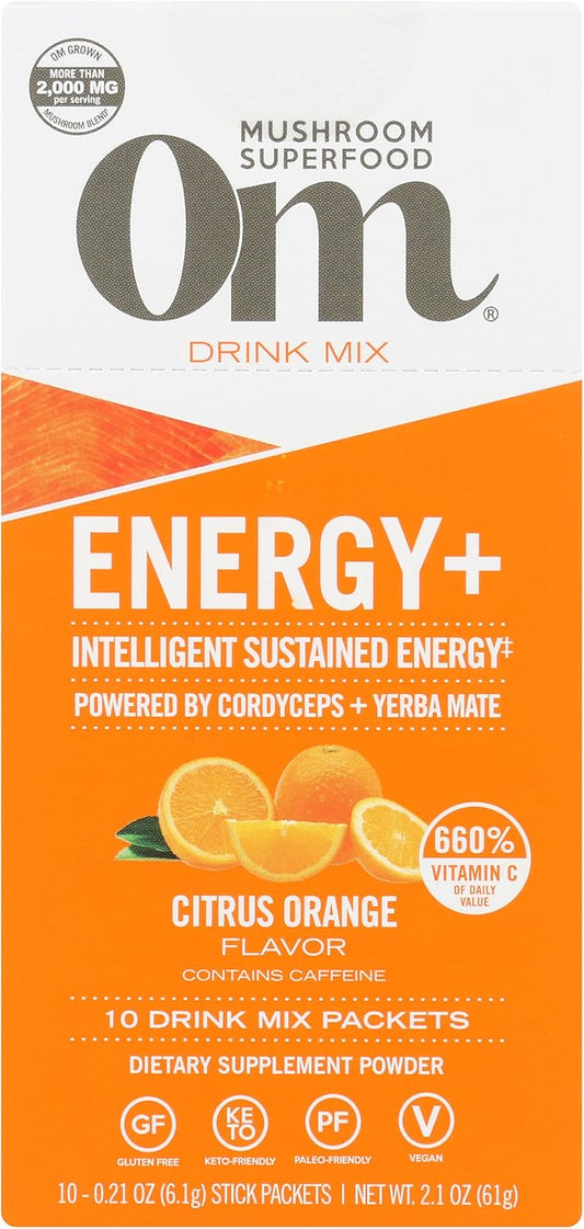 Om Mushroom Superfood Energy Plus Mushroom Powder Drink Mix, Citrus Orange, Mushroom Blend, Cordyceps, Yerba Mate, Tumeric, Vitamin B Complex, Pre-Workout, Immune Supplement, 10 Count, 2.