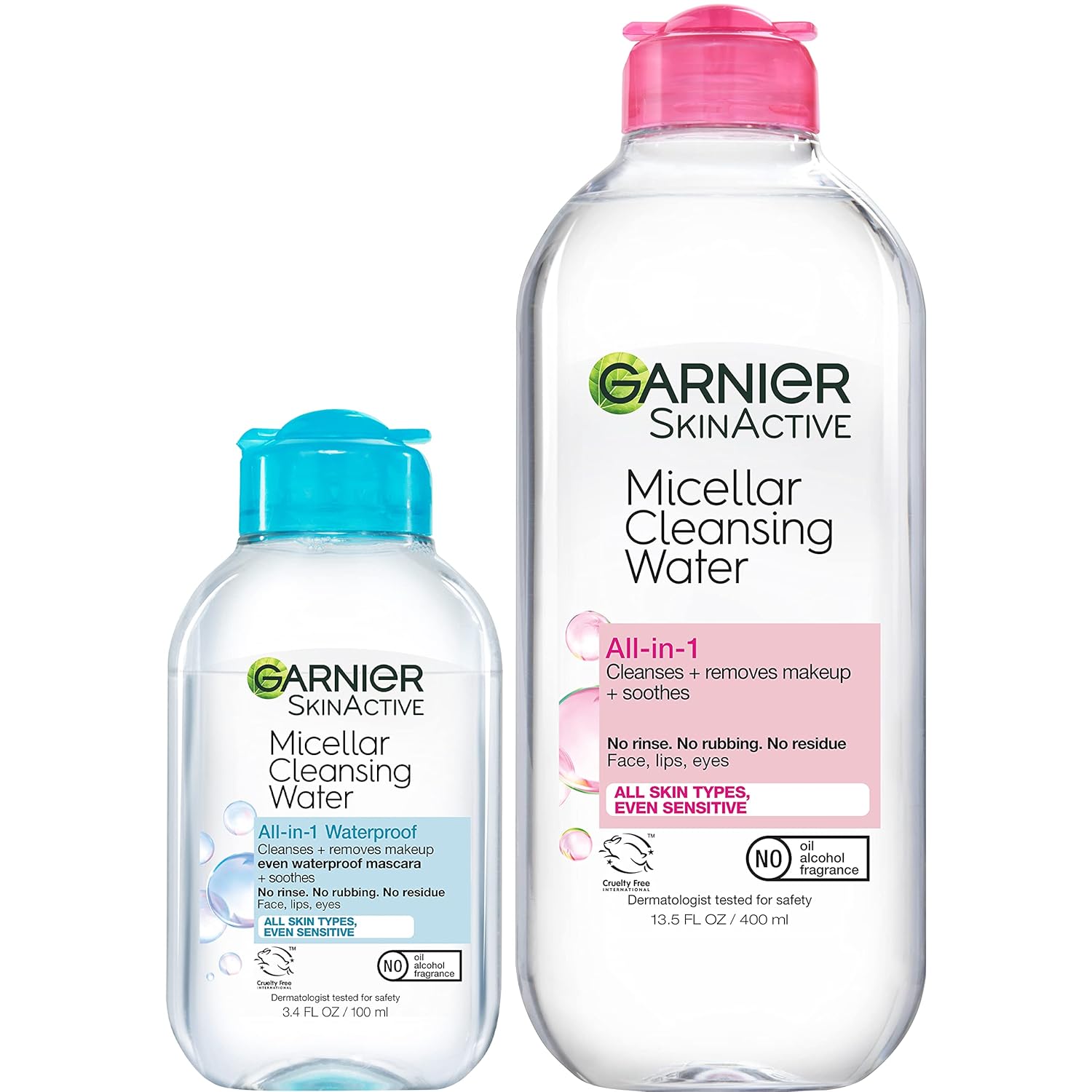 Garnier Micellar Cleansing Water, For All Skin Types, 13.5 Fl Oz + Micellar Cleansing Water, For Waterproof Makeup, 3.4 Fl Oz