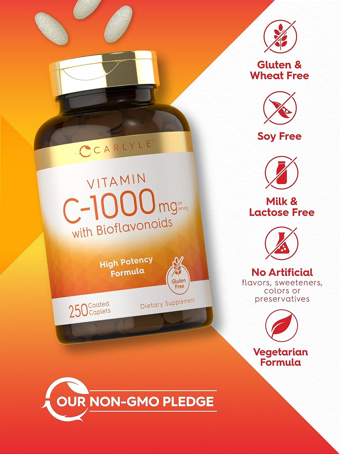 Carlyle Vitamin C 1000mg with Bioflavonoids | 250 Caplets | with Rose HIPS | Vegetarian, Non-GMO, Gluten Free : Health & Household