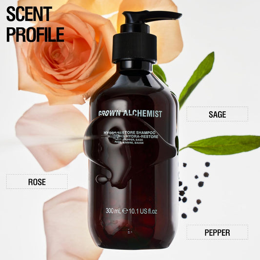 Grown Alchemist Hydra-Restore Hydrating Shampoo - Sage, Pepper & Rose, Sulphate Free - Clarifying Shampoo To Remove Build Up, Deep Cleansing & Hair Strengthening - Natural Vegan Formula 300 Ml