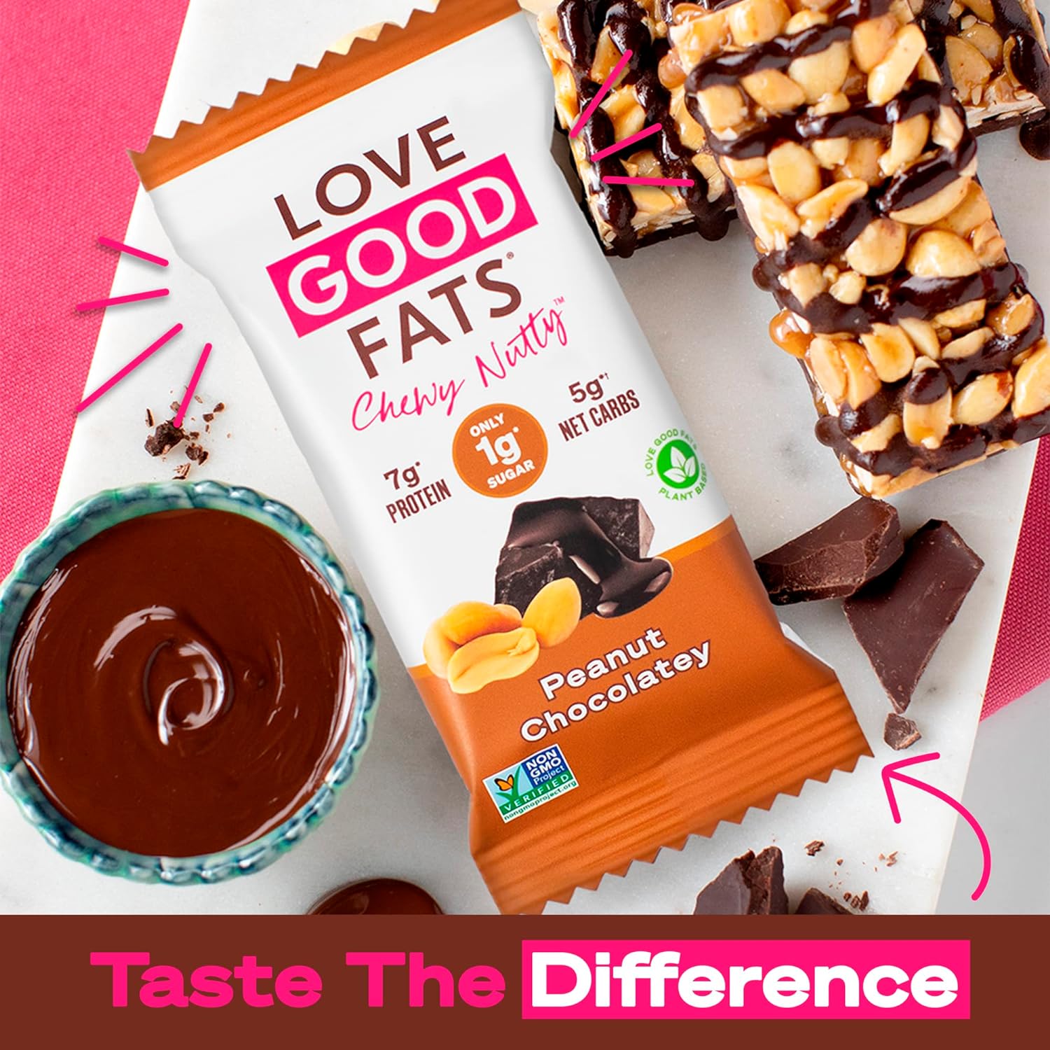 Love Good Fats Plant-Based Keto Protein Snack Bars - Chewy Nutty Peanuts and Dark Chocolate - 13g Good Fats, 7g Protein, 5g Net Carbs, 1g Sugar, Gluten-Free, Non GMO - Peanut Butter Chocolatey, 12 Pack : Health & Household
