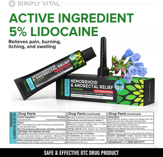 Hemorrhoid Treatment Cream Gel For Pain Relief - Made In Usa Fast Acting Piles Remover 5% Lidocaine For Pain, Itching & Swelling Relief - Drug Medication Ointment To Shrink Hemorrhoids & Heal Fissures