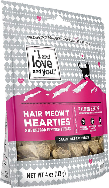 I and love and you Hair Meow't Hearties Cat Treats - Salmon - Grain Free, Omega 3 & 6, Prebiotics, Filler Free, 4oz Bag