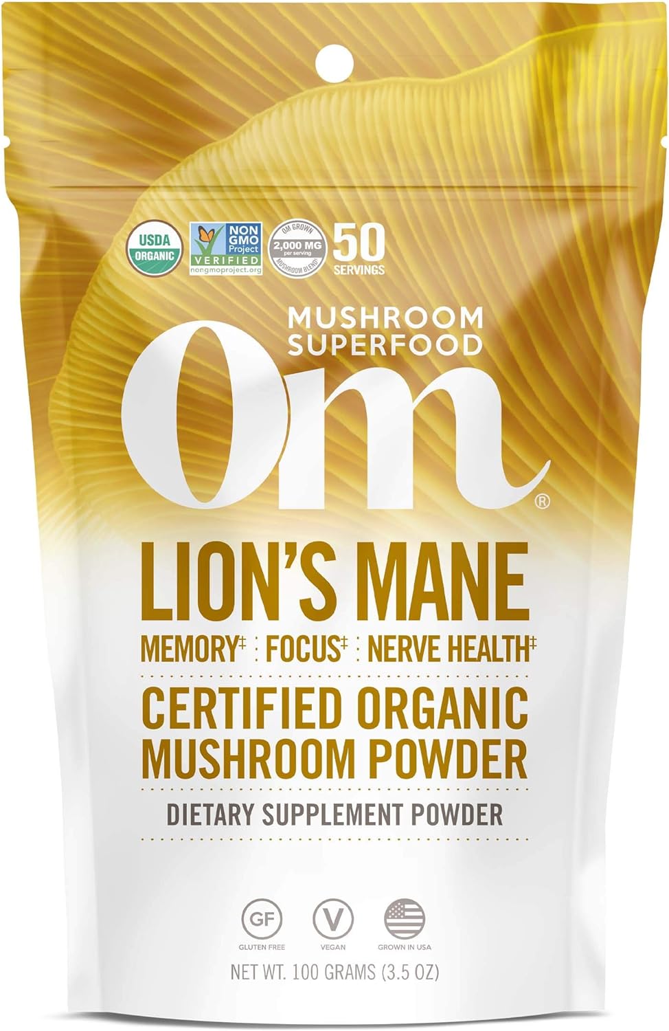 Om Mushroom Superfood | Lion'S Mane | Usa Grown Organic Mushrooms |Memory, Focus, Clarity, Nerve Health, & Mood Support | 3.5 Oz, 50 Servings Powder Supplement Pouch